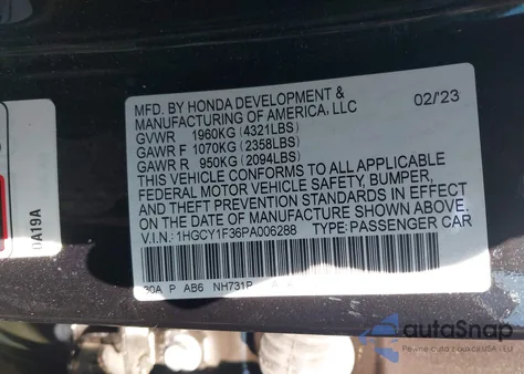 2023 Honda Accord Ex from USA, damaged, VIN 1HGCY1F36PA006288
